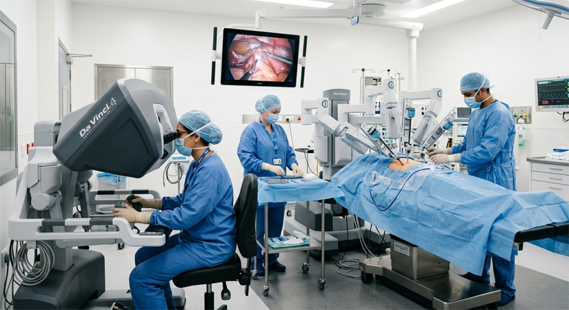 Robotic-assisted surgery in an NHS operating theatre with surgeons controlling robotic instruments during a minimally invasive procedure in 2035