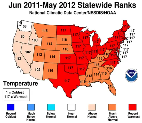 record warm temperatures may spring 2012 usa map