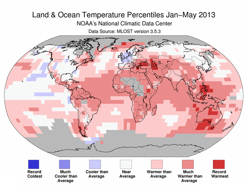 january may 2013 year to date global climate report map