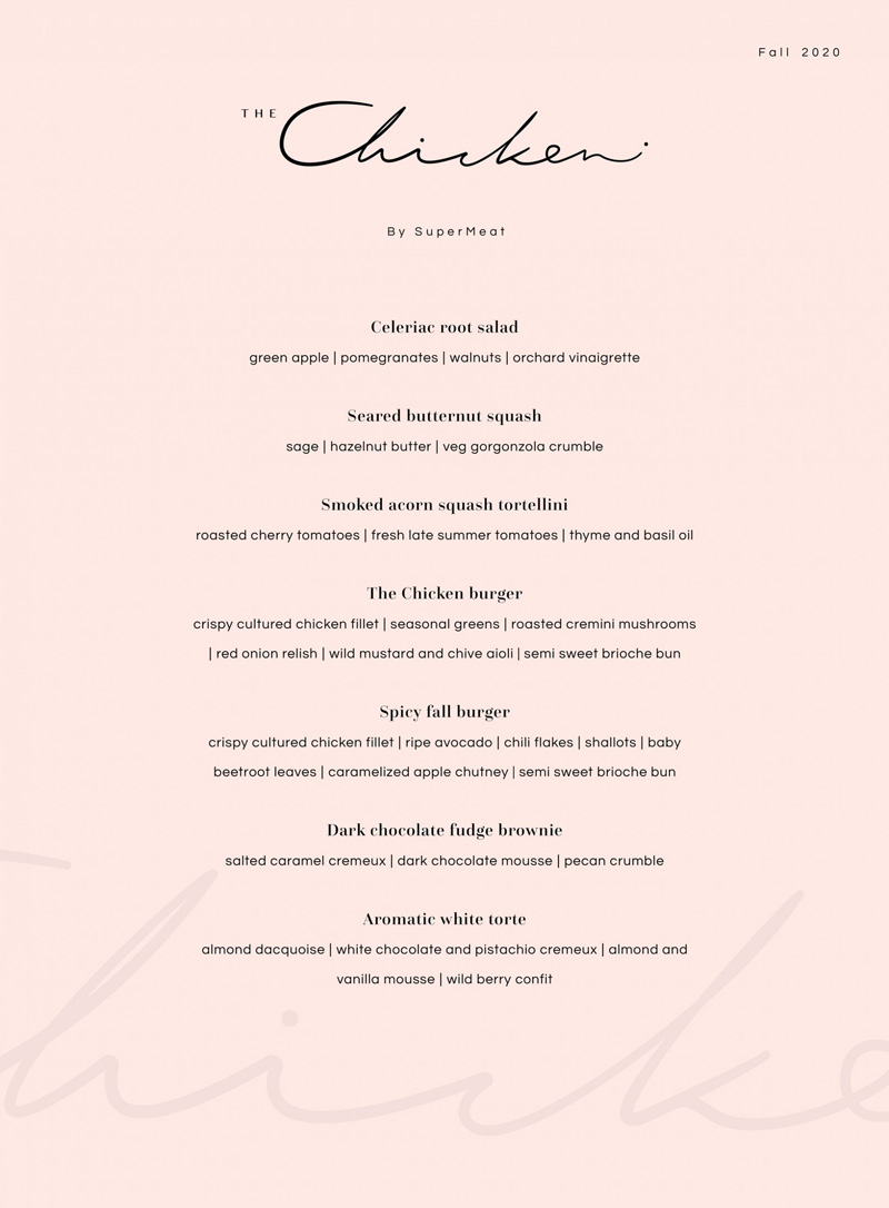 cultured chicken meat restaurant menu