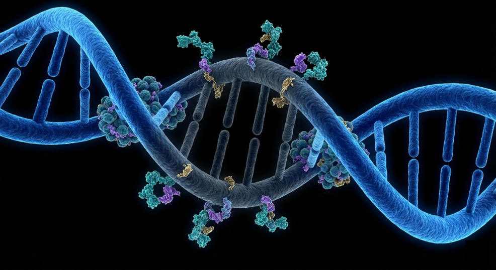 3D illustration of DNA with regulatory proteins involved in epigenetic gene silencing
