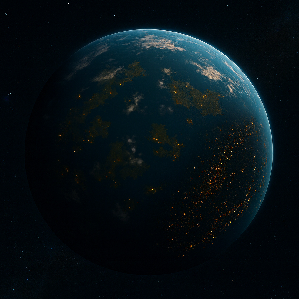 earthlike exoplanet with alien city lights night side