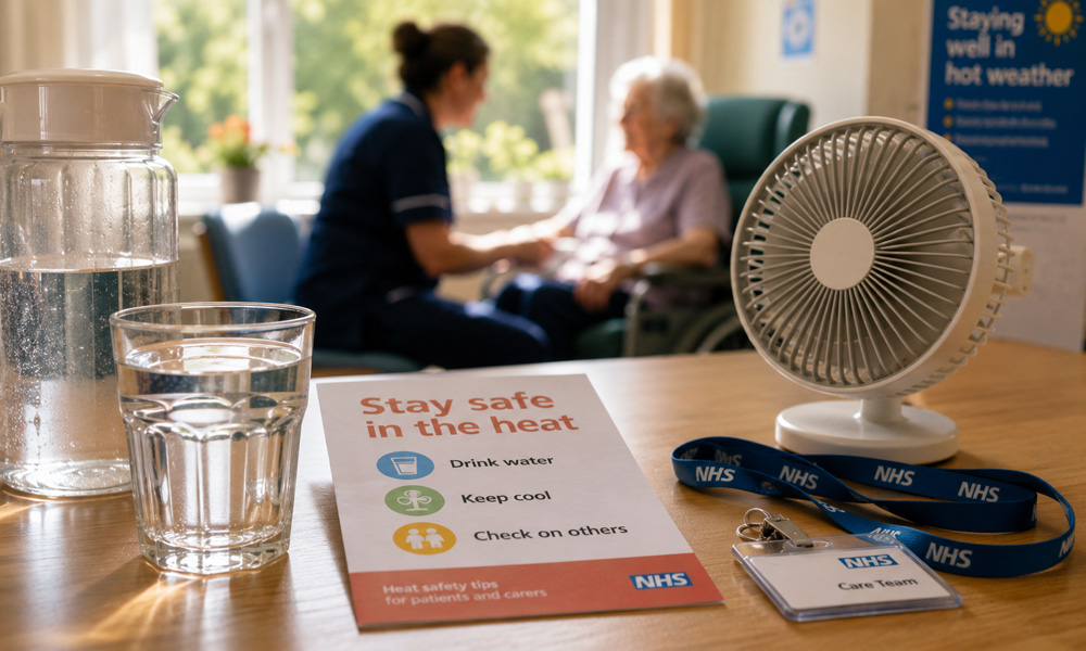 Healthcare staff supporting patients during hot weather
